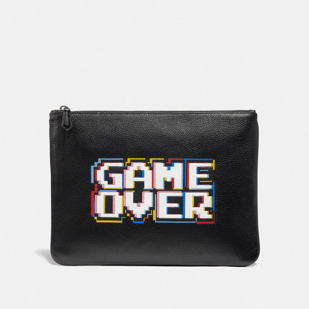 LARGE POUCH WITH PAC-MAN GAME OVER MOTIF - F73229 - BLACK MULTI/BLACK ANTIQUE NICKEL
