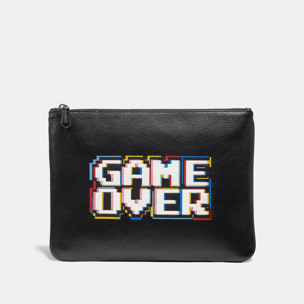 COACH F73229 LARGE POUCH WITH PAC-MAN GAME OVER MOTIF BLACK MULTI/BLACK ANTIQUE NICKEL