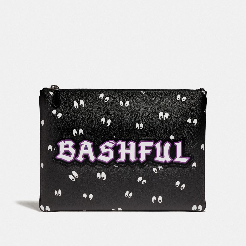 Coach F Disney X Coach Large Pouch With Snow White And The Seven Dwarfs Eyes Print And Bashful Black Multi Coach Men