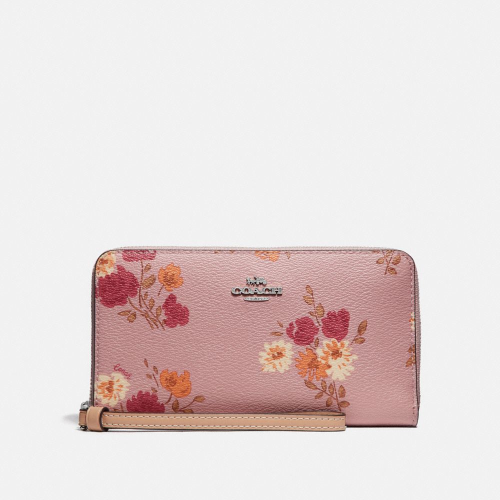 COACH F73333 Large Phone Wallet With Painted Peony Print CARNATION MULTI/LIGHT KHAKI/SILVER