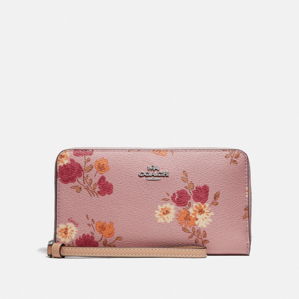 COACH F73333 LARGE PHONE WALLET WITH PAINTED PEONY PRINT CARNATION MULTI/LIGHT KHAKI/SILVER