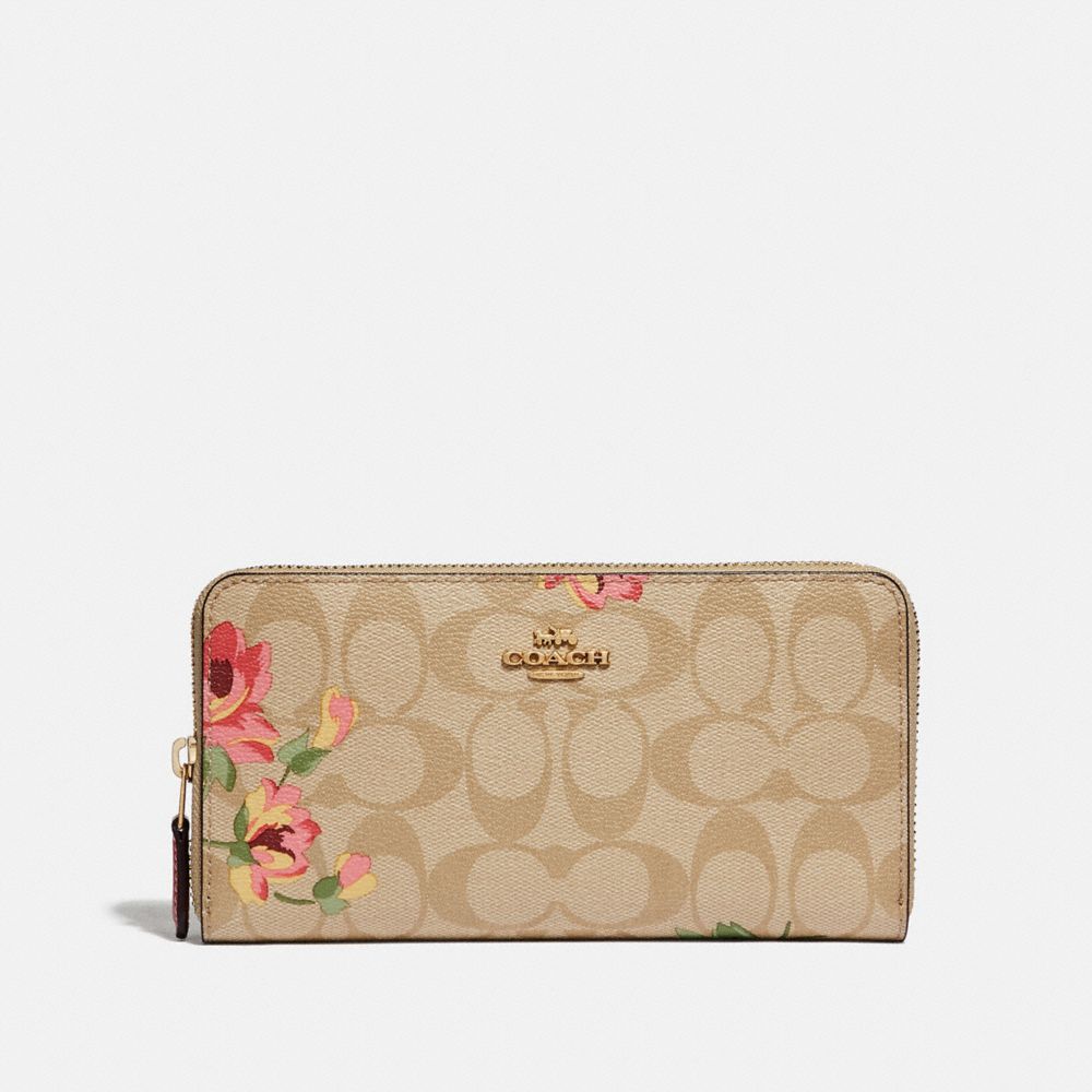 COACH F73345 Accordion Zip Wallet In Signature Canvas With Lily Print LIGHT KHAKI/PINK MULTI/IMITATION GOLD