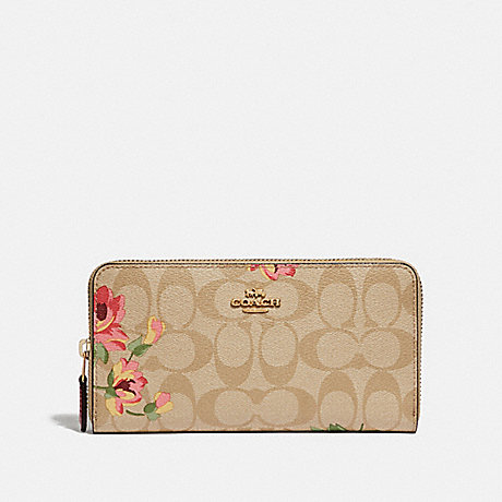 COACH F73345 ACCORDION ZIP WALLET IN SIGNATURE CANVAS WITH LILY PRINT LIGHT-KHAKI/PINK-MULTI/IMITATION-GOLD