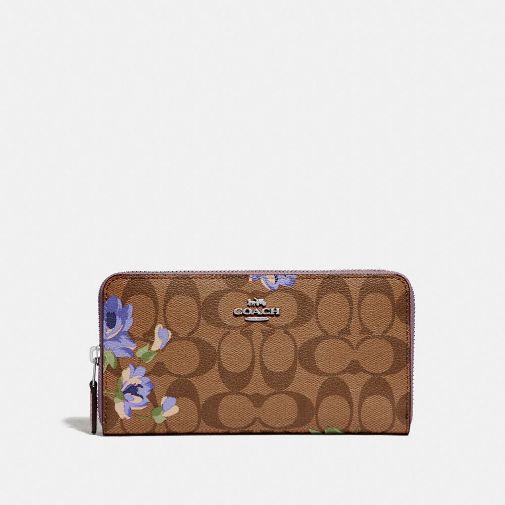 COACH F73345 - ACCORDION ZIP WALLET IN SIGNATURE CANVAS WITH LILY PRINT KHAKI/PURPLE MULTI/SILVER