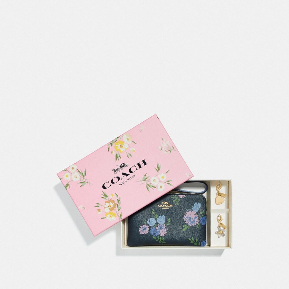 BOXED CORNER ZIP WRISTLET WITH PAINTED PEONY PRINT - F73346 - NAVY MULTI/GOLD
