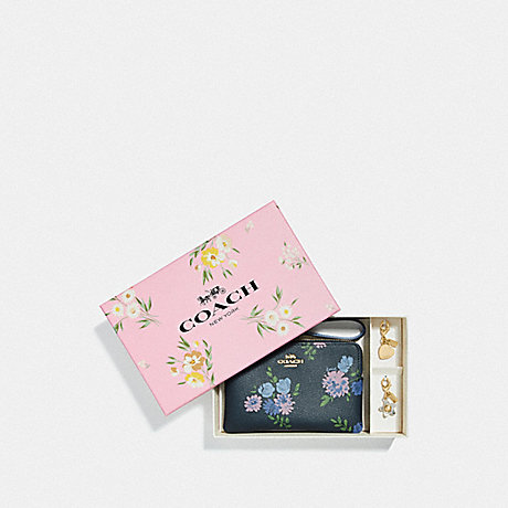 COACH F73346 BOXED CORNER ZIP WRISTLET WITH PAINTED PEONY PRINT NAVY-MULTI/GOLD