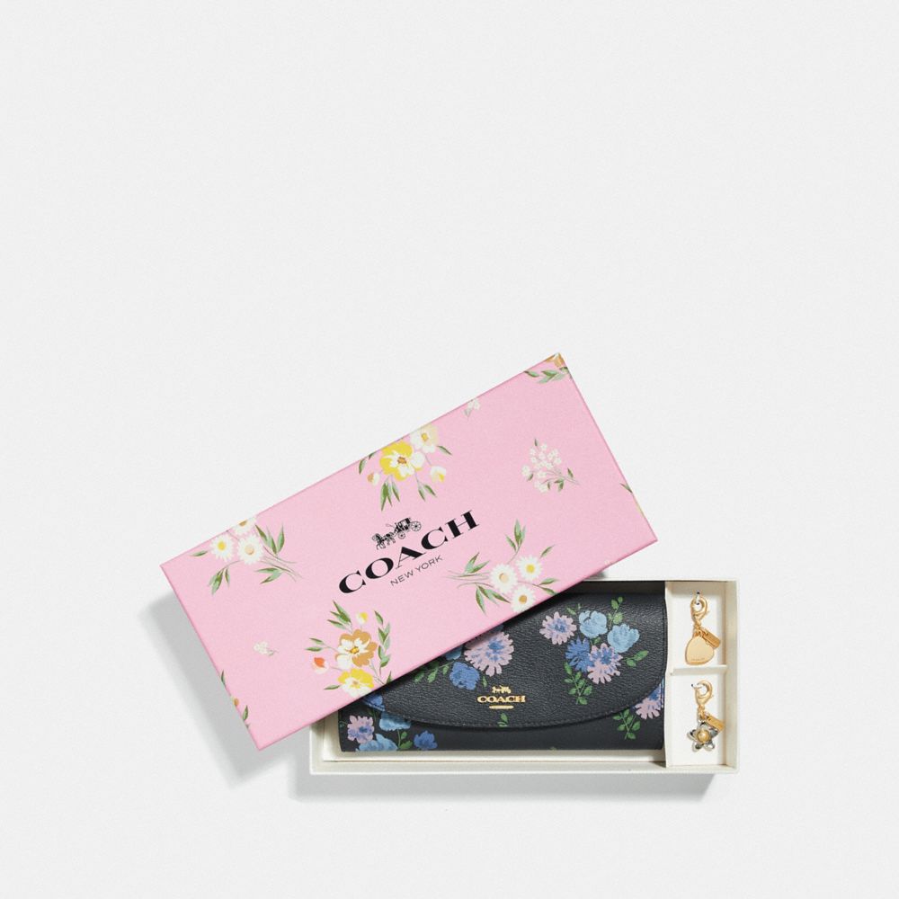 COACH F73352 - BOXED SLIM ENVELOPE WALLET WITH PAINTED PEONY PRINT NAVY MULTI/GOLD