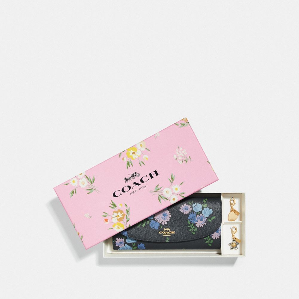 COACH F73352 BOXED SLIM ENVELOPE WALLET WITH PAINTED PEONY PRINT NAVY MULTI/GOLD