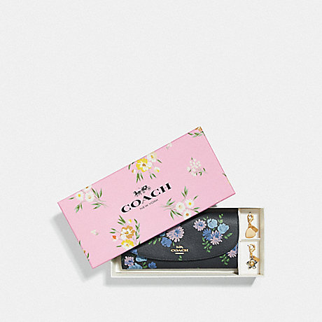 COACH BOXED SLIM ENVELOPE WALLET WITH PAINTED PEONY PRINT - NAVY MULTI/GOLD - F73352