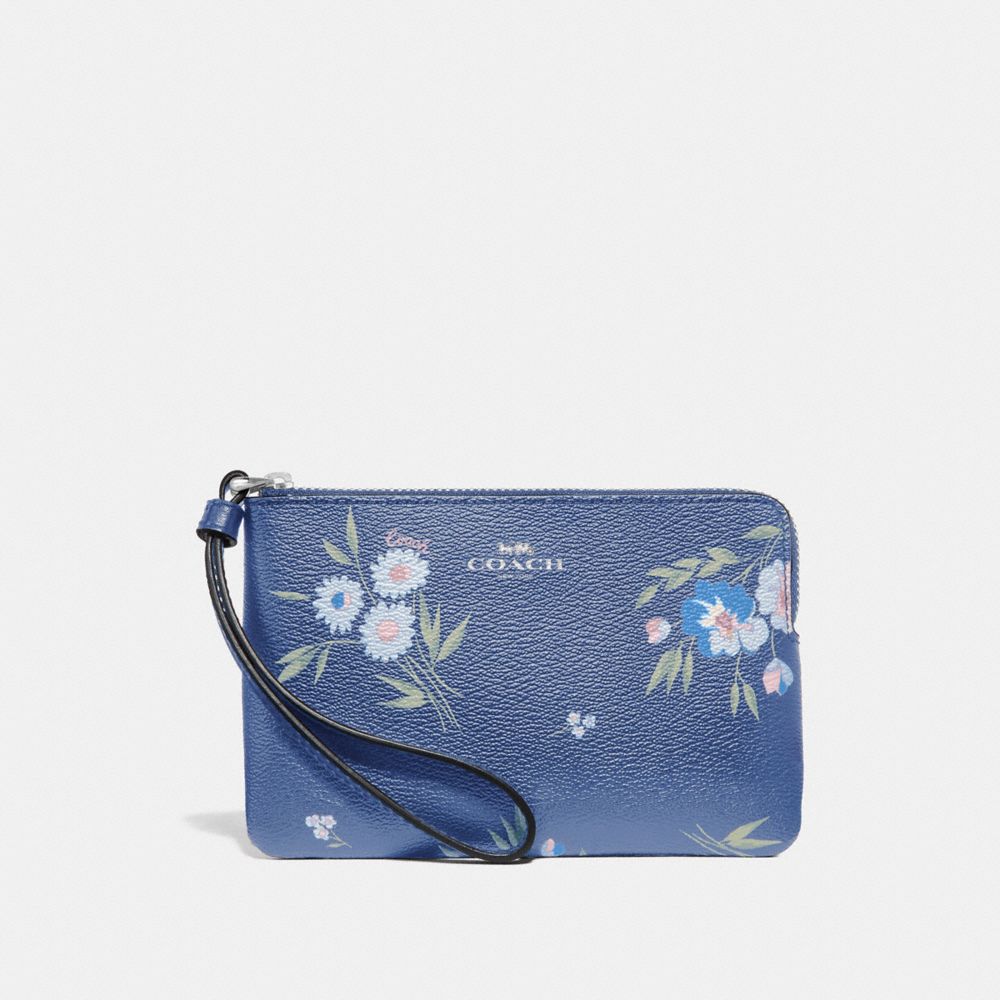 COACH F73363 CORNER ZIP WRISTLET WITH TOSSED DAISY PRINT DARK PERIWINKLE/MULTI/SILVER