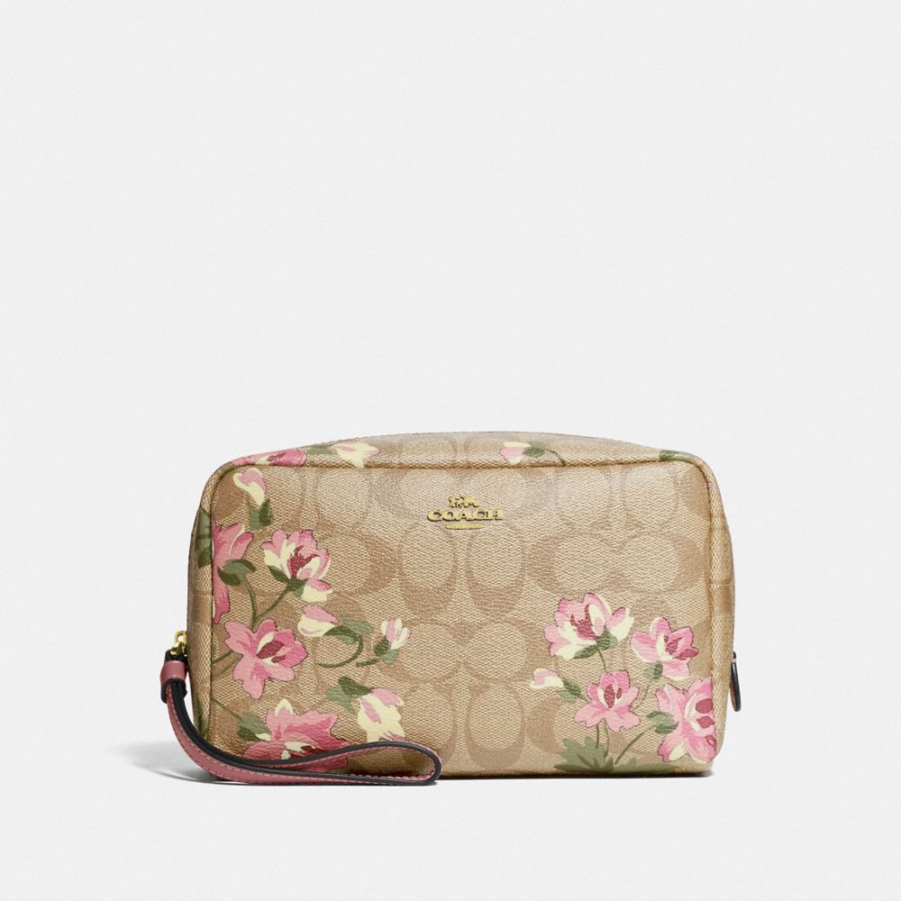 COACH F73365 Boxy Cosmetic Case In Signature Canvas With Lily Print IM/LIGHT KHAKI PINK MULTI