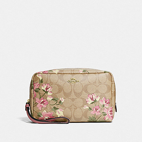 COACH F73365 BOXY COSMETIC CASE IN SIGNATURE CANVAS WITH LILY PRINT IM/LIGHT KHAKI PINK MULTI
