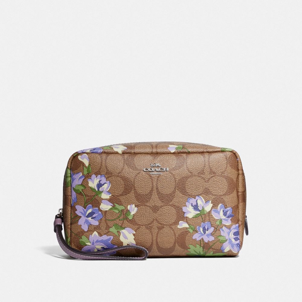 COACH BOXY COSMETIC CASE IN SIGNATURE CANVAS WITH LILY PRINT - KHAKI/PURPLE MULTI/SILVER - F73365