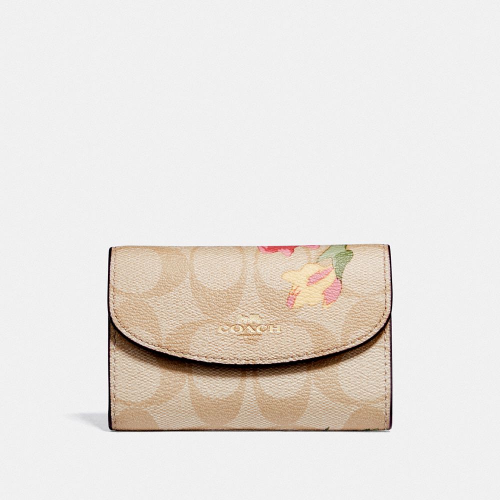 COACH F73366 KEY CASE IN SIGNATURE CANVAS WITH LILY PRINT LIGHT KHAKI/PINK MULTI/IMITATION GOLD