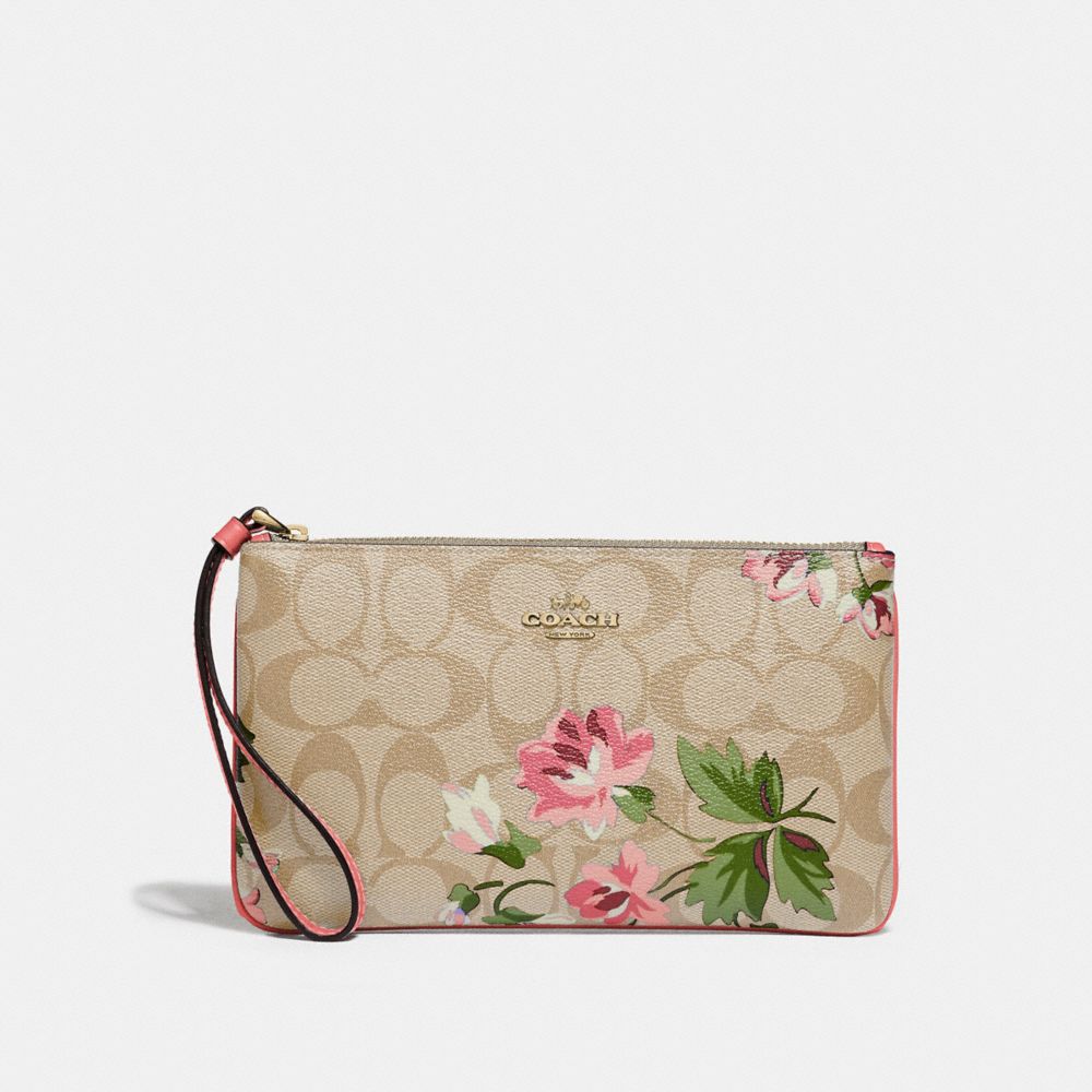 COACH F73368 LARGE WRISTLET IN SIGNATURE CANVAS WITH LILY PRINT LIGHT KHAKI/PINK MULTI/IMITATION GOLD