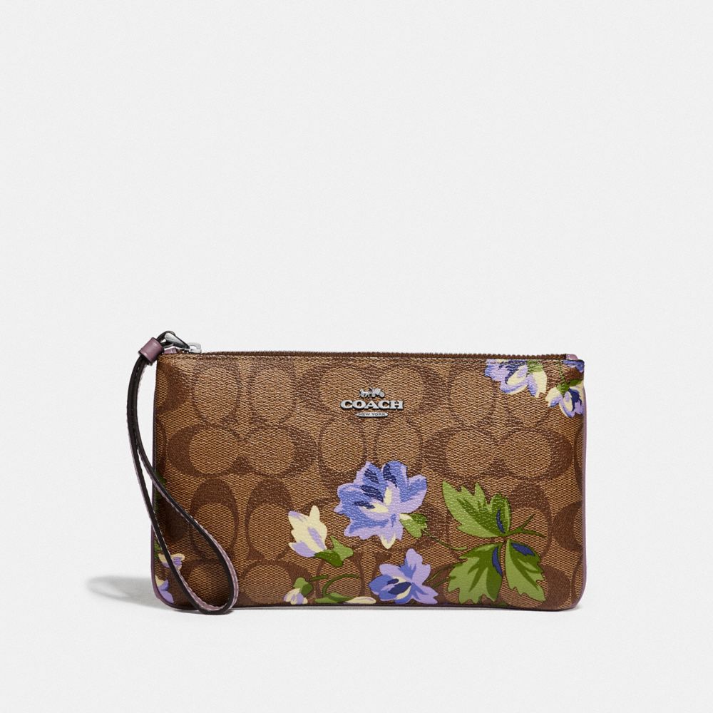 COACH F73368 LARGE WRISTLET IN SIGNATURE CANVAS WITH LILY PRINT KHAKI/PURPLE MULTI/SILVER