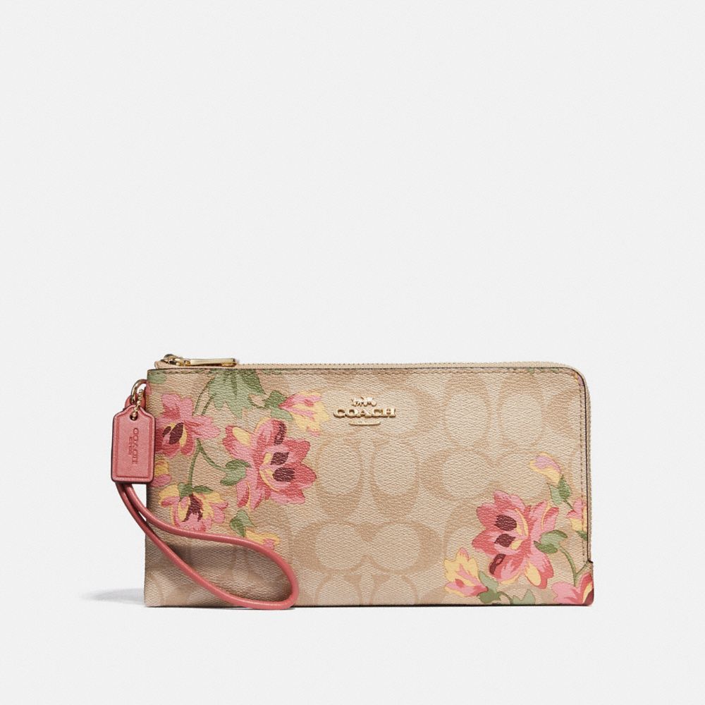 COACH DOUBLE ZIP WALLET IN SIGNATURE CANVAS WITH LILY PRINT - LIGHT KHAKI/PINK MULTI/IMITATION GOLD - F73370