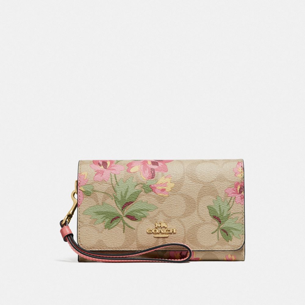 COACH F73373 Flap Phone Wallet In Signature Canvas With Lily Print LIGHT KHAKI/PINK MULTI/IMITATION GOLD