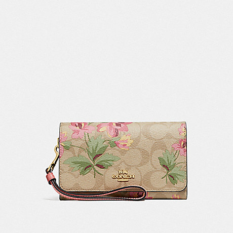 COACH F73373 FLAP PHONE WALLET IN SIGNATURE CANVAS WITH LILY PRINT LIGHT KHAKI/PINK MULTI/IMITATION GOLD