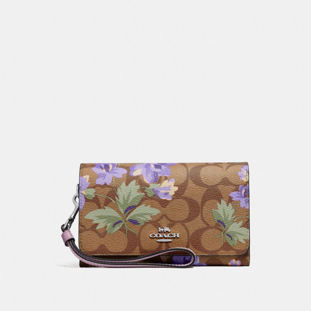 FLAP PHONE WALLET IN SIGNATURE CANVAS WITH LILY PRINT - KHAKI/PURPLE MULTI/SILVER - COACH F73373