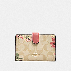 MEDIUM CORNER ZIP WALLET IN SIGNATURE CANVAS WITH LILY PRINT - F73374 - LIGHT KHAKI/PINK MULTI/GOLD