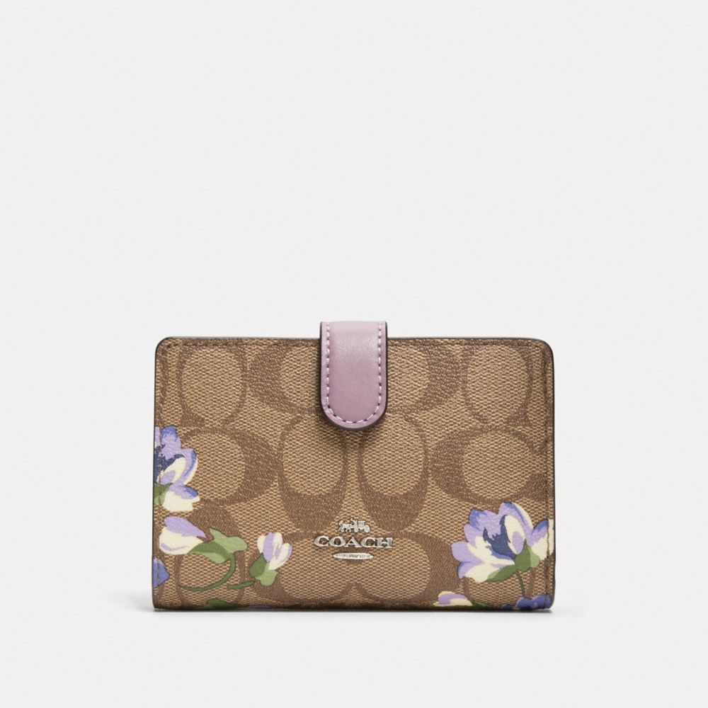 COACH F73374 MEDIUM CORNER ZIP WALLET IN SIGNATURE CANVAS WITH LILY PRINT KHAKI/PURPLE MULTI/SILVER