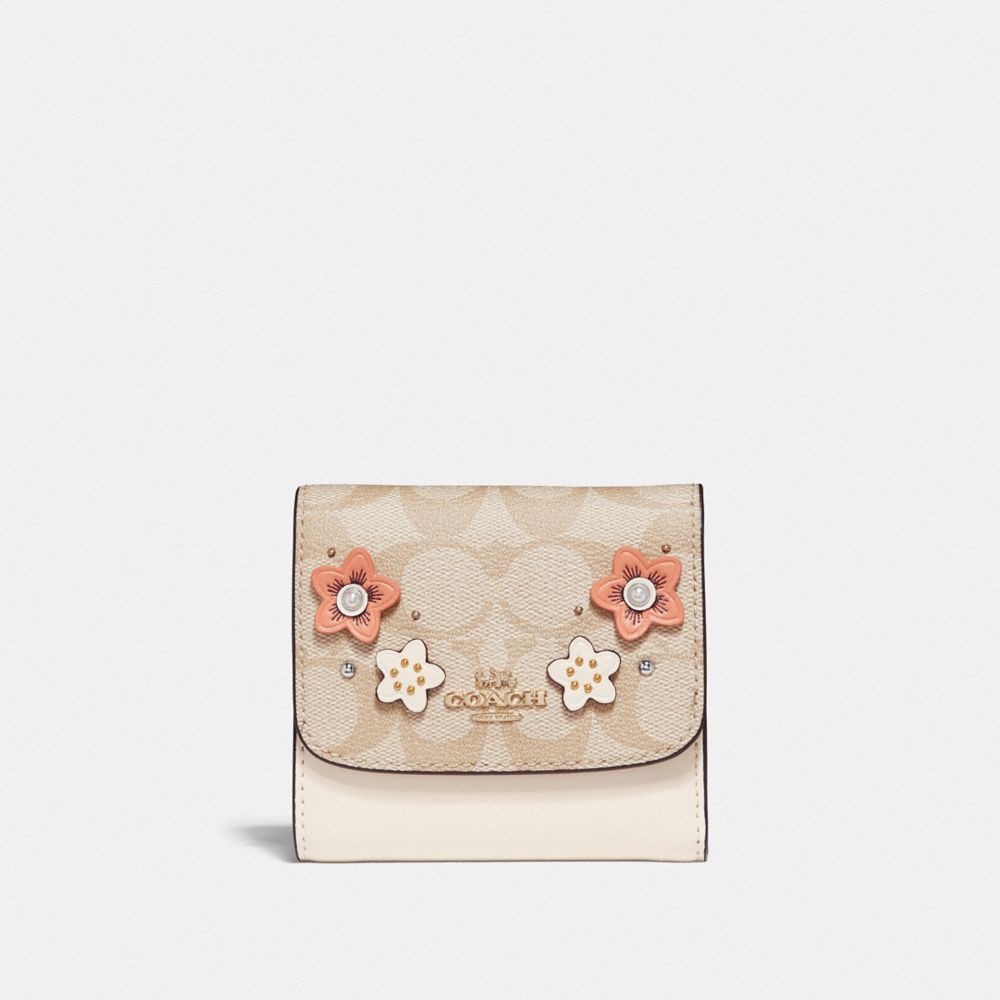 SMALL WALLET IN SIGNATURE CANVAS WITH FLORAL APPLIQUE - F73378 - LIGHT KHAKI MULTI/IMITATION GOLD