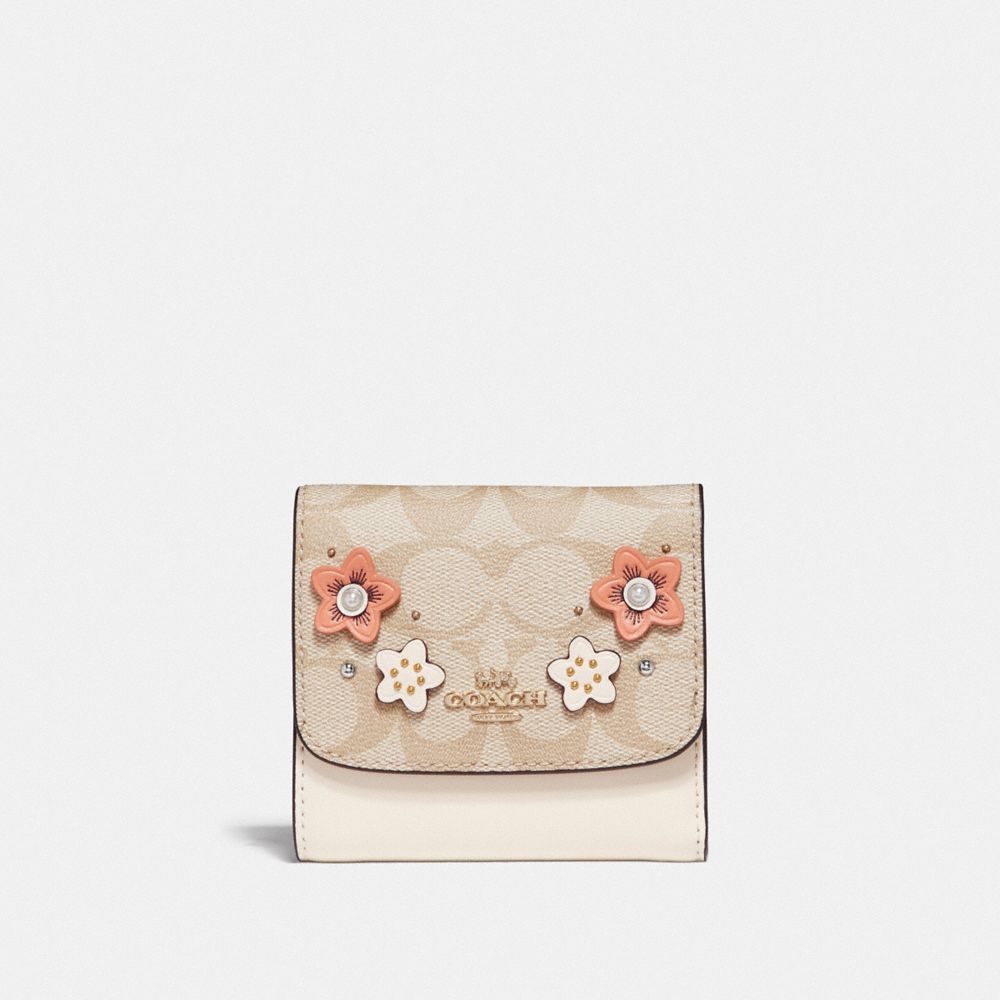 COACH F73378 SMALL WALLET IN SIGNATURE CANVAS WITH FLORAL APPLIQUE LIGHT KHAKI MULTI/IMITATION GOLD