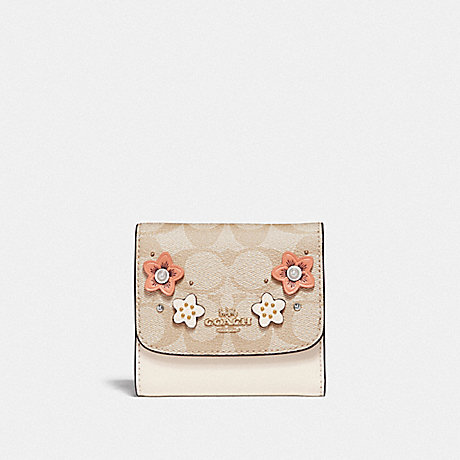 COACH SMALL WALLET IN SIGNATURE CANVAS WITH FLORAL APPLIQUE - LIGHT KHAKI MULTI/IMITATION GOLD - F73378