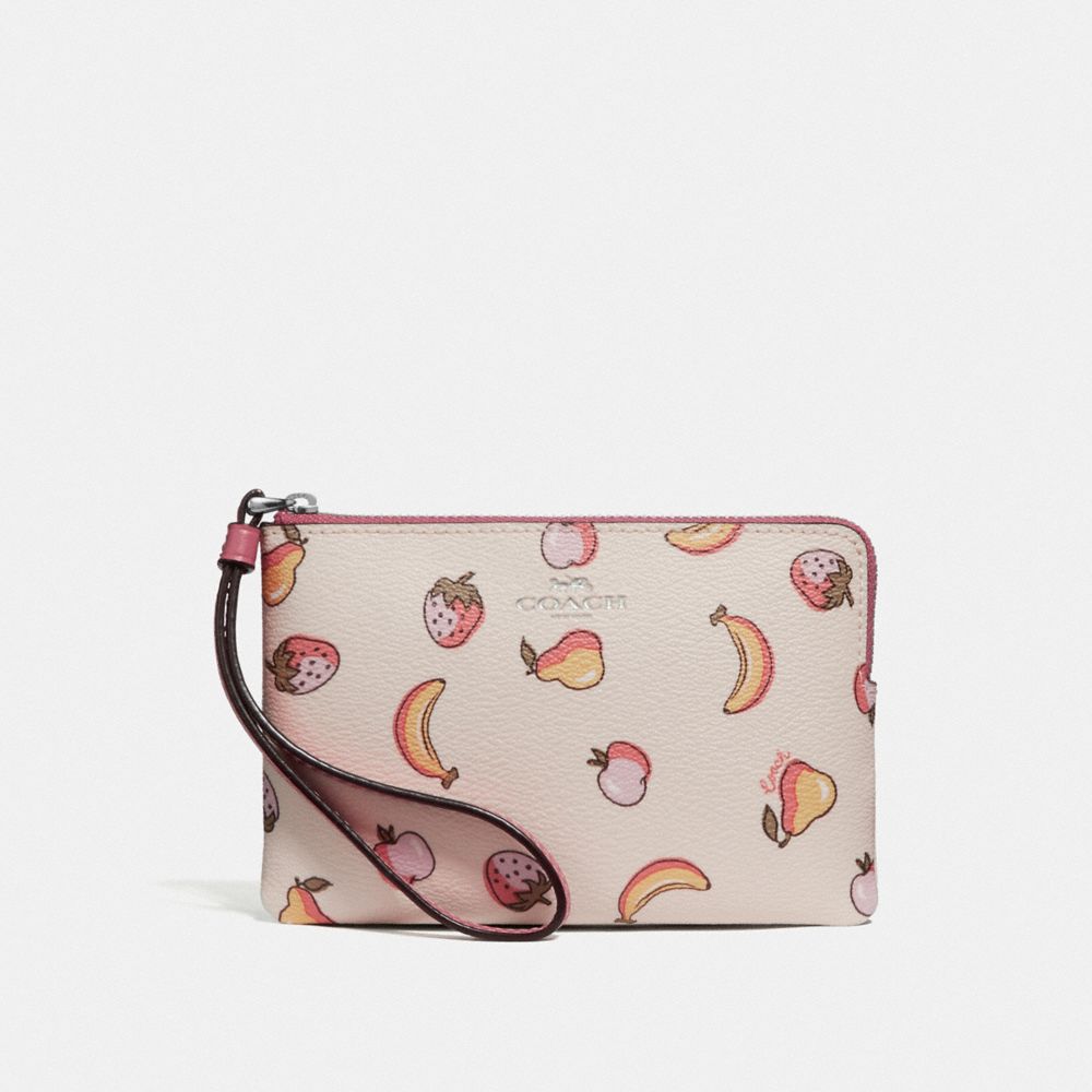 COACH F73390 Corner Zip Wristlet With Mixed Fruit Print CHALK MULTI/PEONY/SILVER