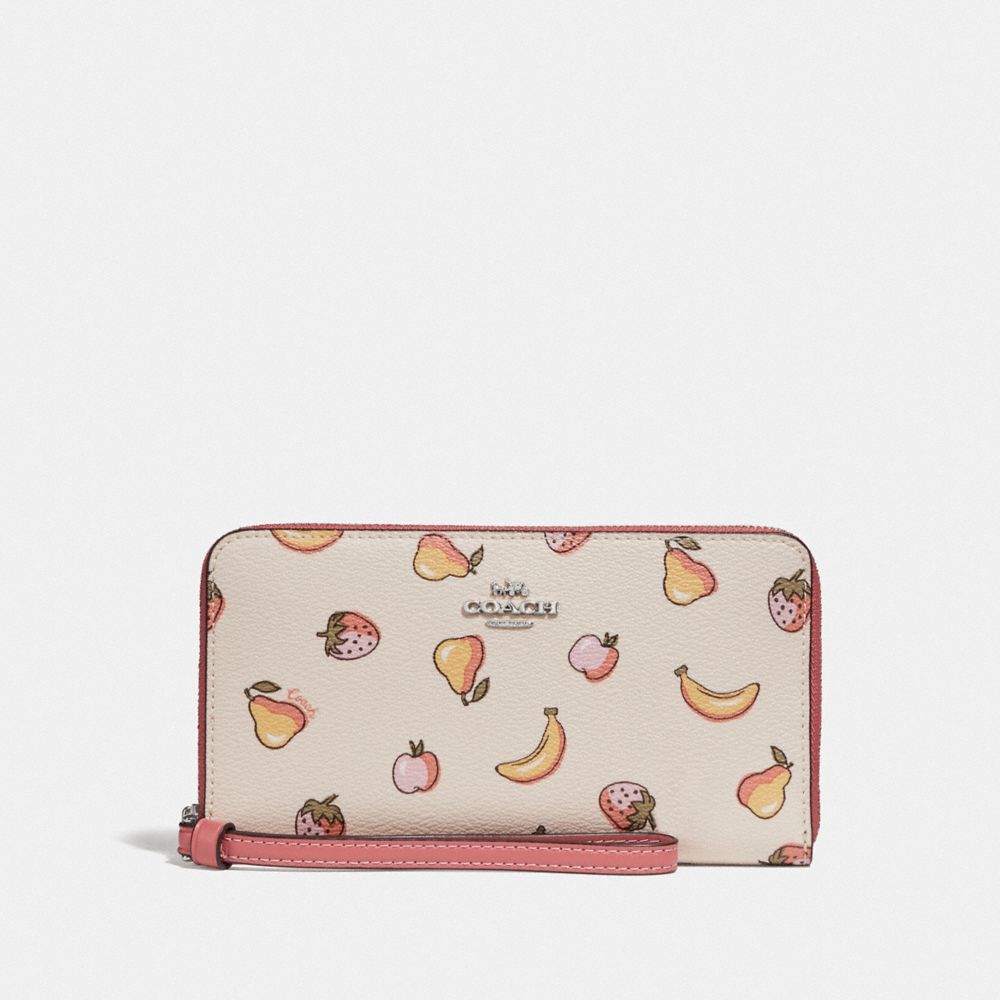 COACH LARGE PHONE WALLET WITH MIXED FRUIT PRINT - CHALK MULTI/PEONY/SILVER - F73395