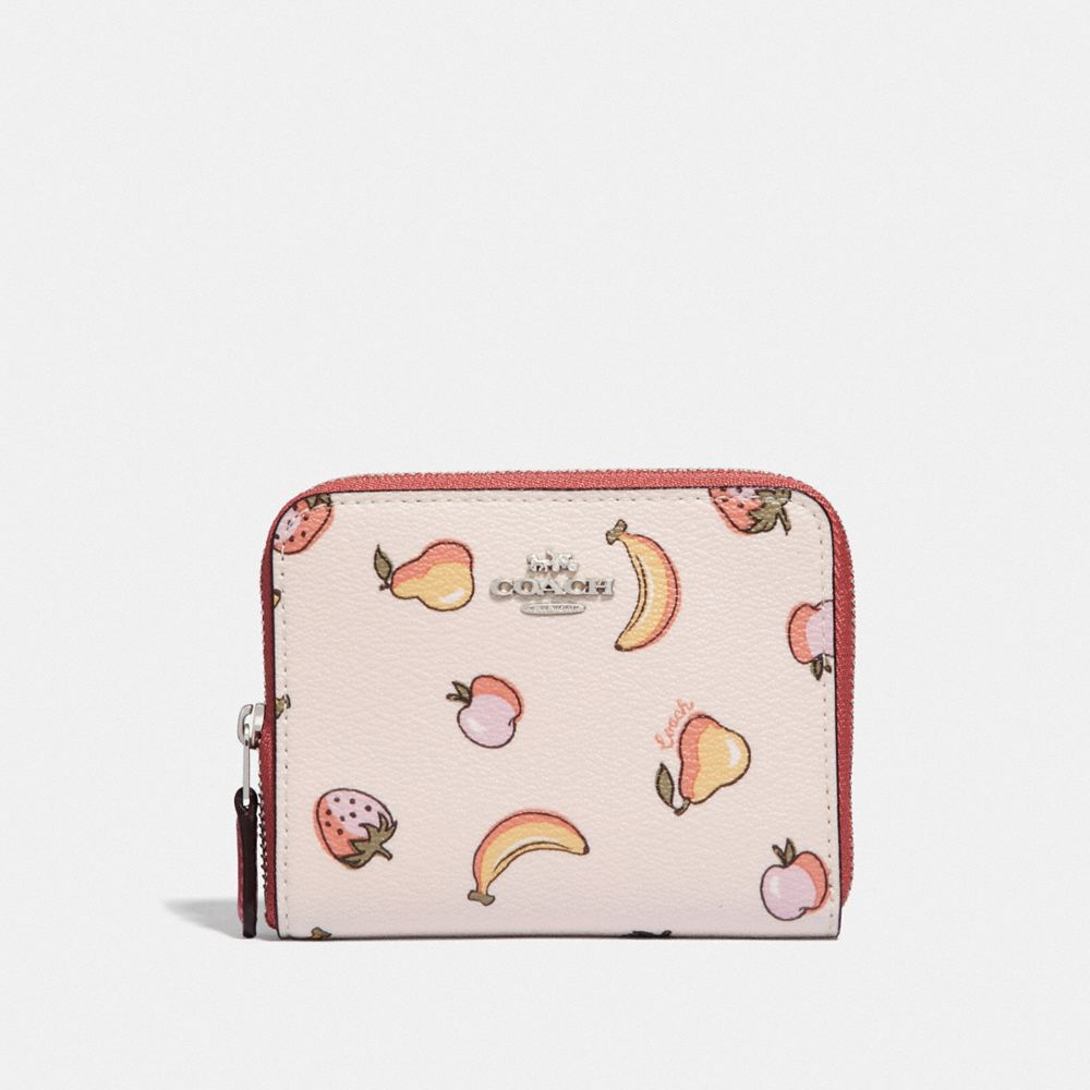 COACH SMALL ZIP AROUND WALLET WITH MIXED FRUIT PRINT - CHALK MULTI/PEONY/SILVER - F73396