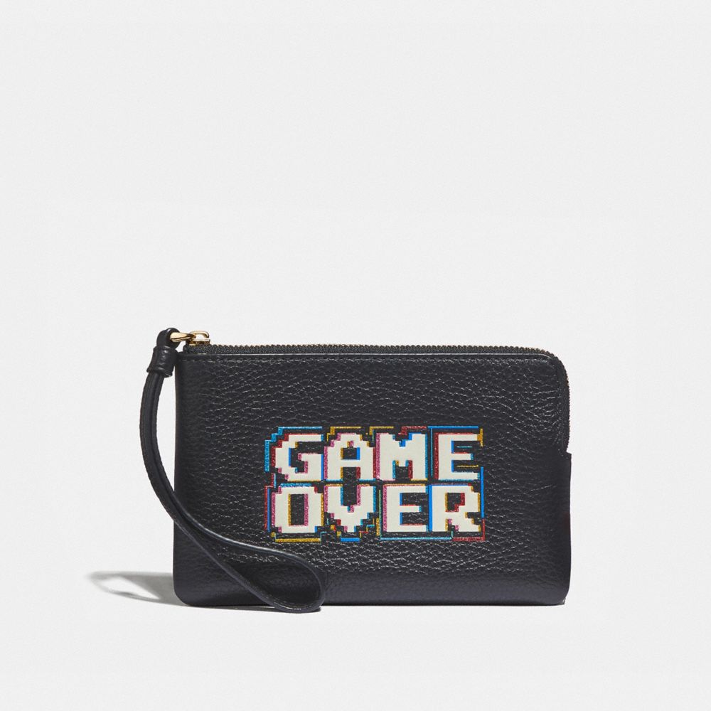 COACH F73399 Corner Zip Wristlet With Pac-man Game Over BLACK/MULTI/GOLD