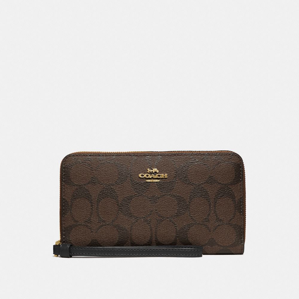 COACH F73418 LARGE PHONE WALLET IN SIGNATURE CANVAS BROWN/BLACK/IMITATION GOLD