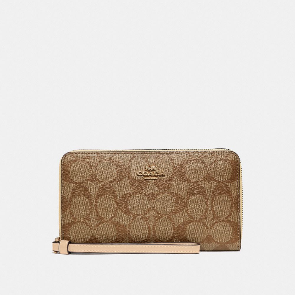 COACH F73418 Large Phone Wallet In Signature Canvas GOLD/KHAKI/PLATINUM