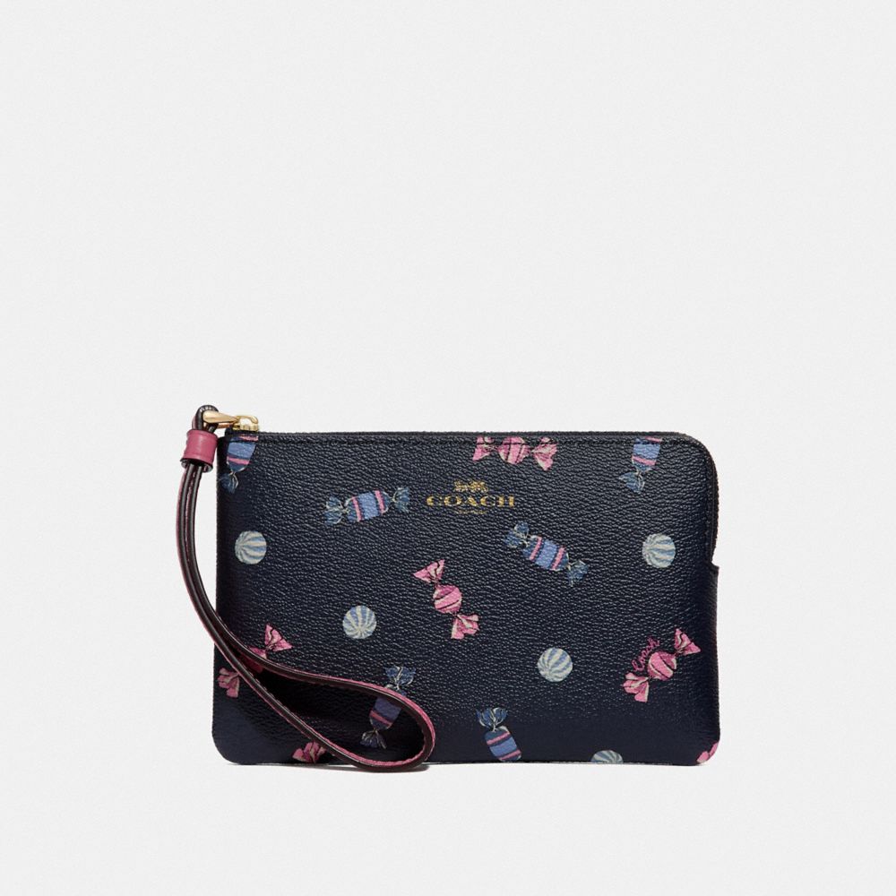 COACH F73452 Corner Zip Wristlet With Scattered Candy Print NAVY/MULTI/PINK RUBY/GOLD