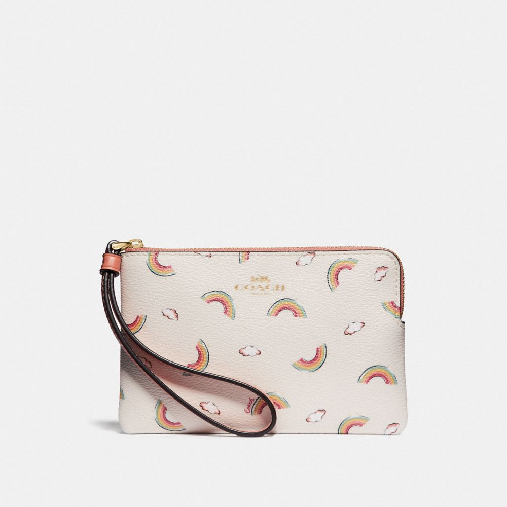 COACH F73454 CORNER ZIP WRISTLET WITH ALLOVER RAINBOW PRINT CHALK/LIGHT-CORAL/GOLD