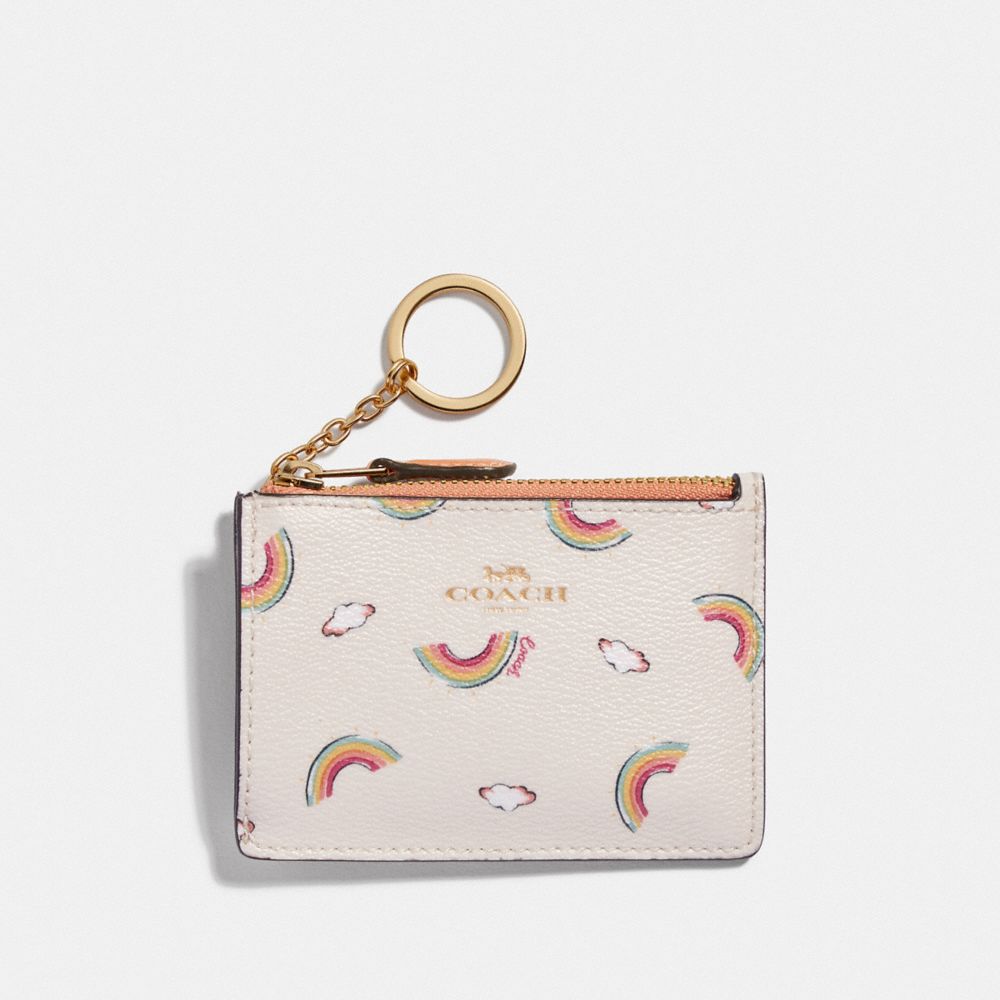 COACH F73465 Mini Skinny Id Case With Allover Rainbow Print CHALK/LIGHT CORAL/GOLD