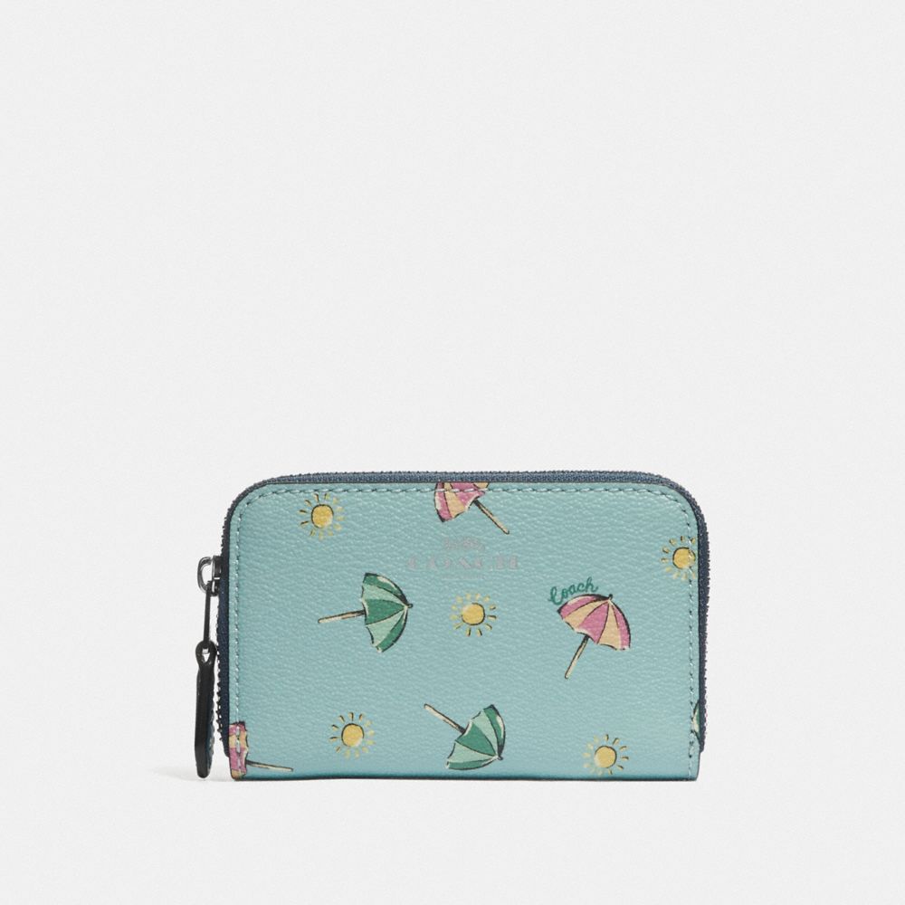 COACH F73473 Small Zip Around Coin Case With Beach Umbrella Print SEAFOAM/MIDNIGHT/SILVER