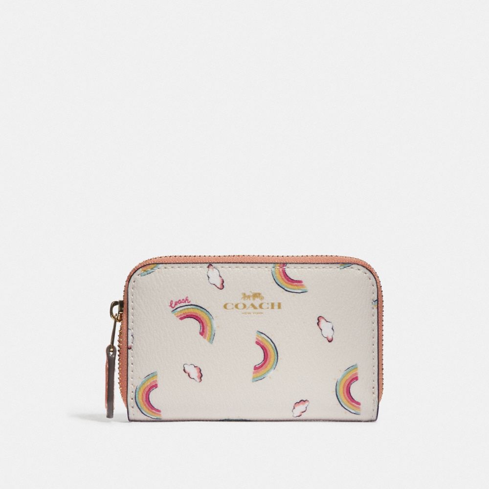 COACH SMALL ZIP AROUND COIN CASE WITH ALLOVER RAINBOW PRINT - CHALK/LIGHT CORAL/GOLD - F73474