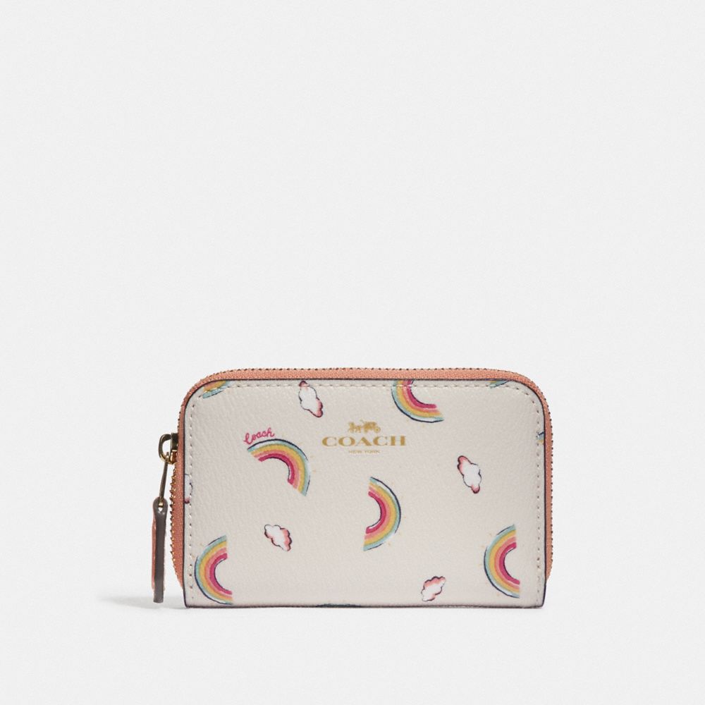 COACH F73474 SMALL ZIP AROUND COIN CASE WITH ALLOVER RAINBOW PRINT CHALK/LIGHT CORAL/GOLD