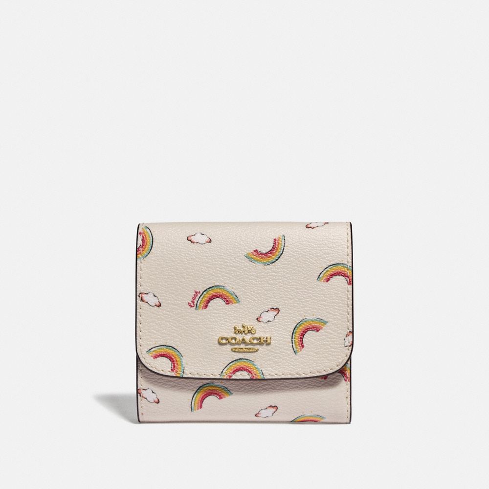 COACH F73478 SMALL WALLET WITH ALLOVER RAINBOW PRINT CHALK/LIGHT-CORAL/GOLD