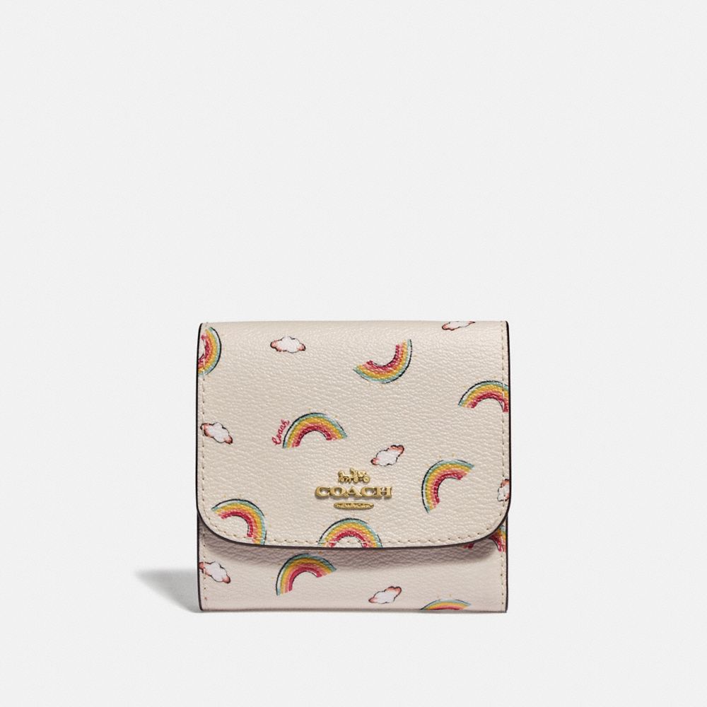 COACH F73478 SMALL WALLET WITH ALLOVER RAINBOW PRINT CHALK/LIGHT CORAL/GOLD