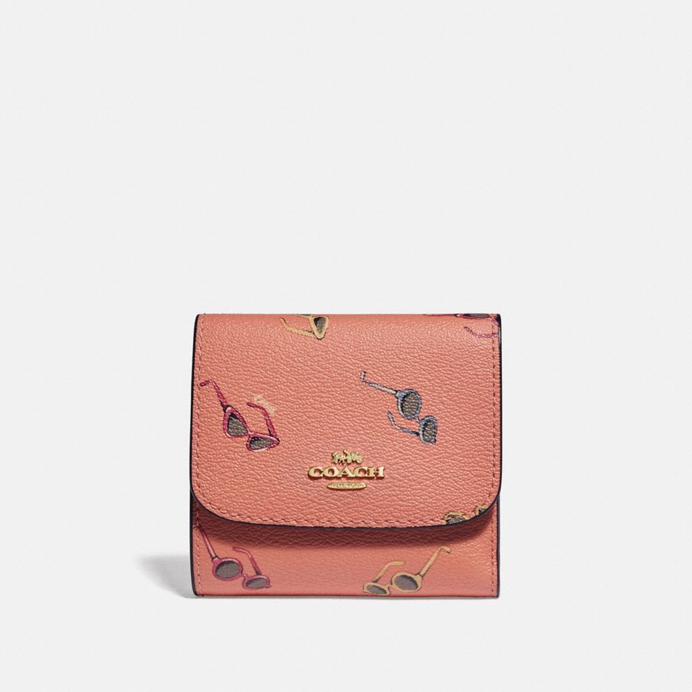 COACH F73480 SMALL WALLET WITH SUNGLASSES PRINT LIGHT-CORAL/MULTI/GOLD