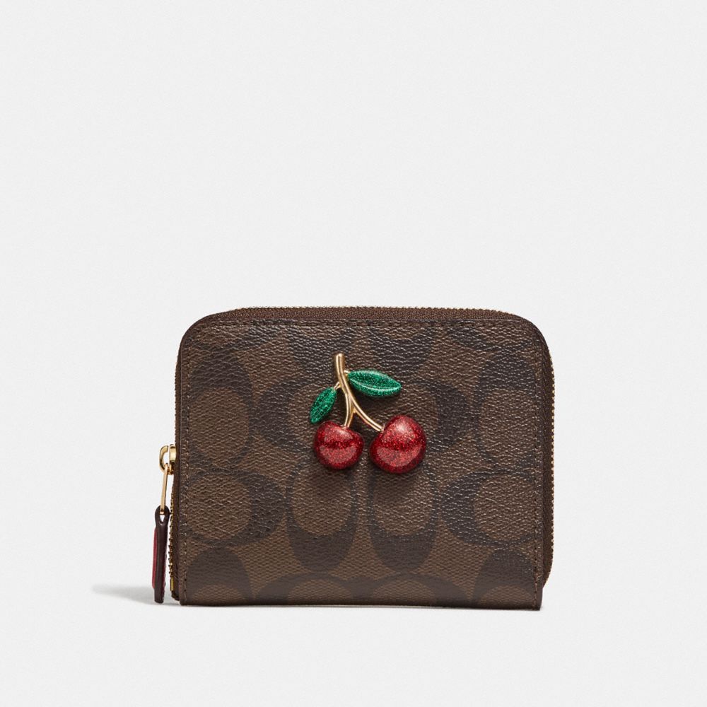 COACH F73509 SMALL ZIP AROUND WALLET IN SIGNATURE CANVAS WITH FRUIT BROWN/BLACK/TRUE RED/GOLD