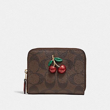 COACH SMALL ZIP AROUND WALLET IN SIGNATURE CANVAS WITH FRUIT - BROWN/BLACK/TRUE RED/GOLD - F73509