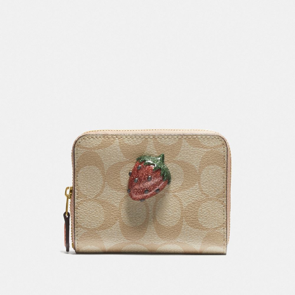 COACH F73509 SMALL ZIP AROUND WALLET IN SIGNATURE CANVAS WITH FRUIT LIGHT KHAKI/CORAL/GOLD