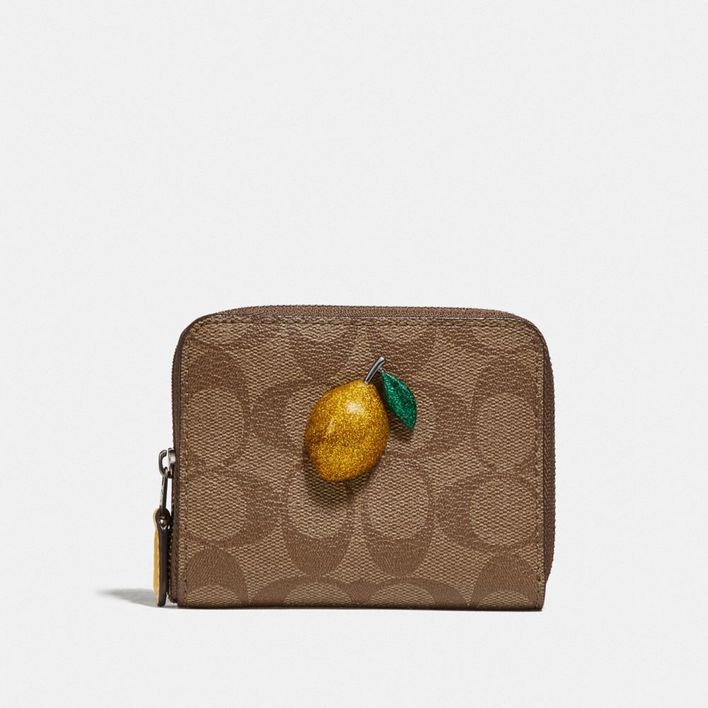 COACH SMALL ZIP AROUND WALLET IN SIGNATURE CANVAS WITH FRUIT - KHAKI/SUNFLOWER - F73509