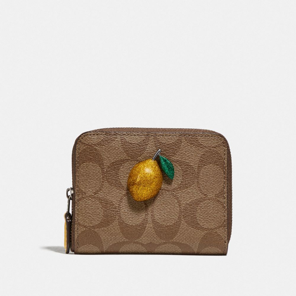 COACH F73509 SMALL ZIP AROUND WALLET IN SIGNATURE CANVAS WITH FRUIT KHAKI/SUNFLOWER