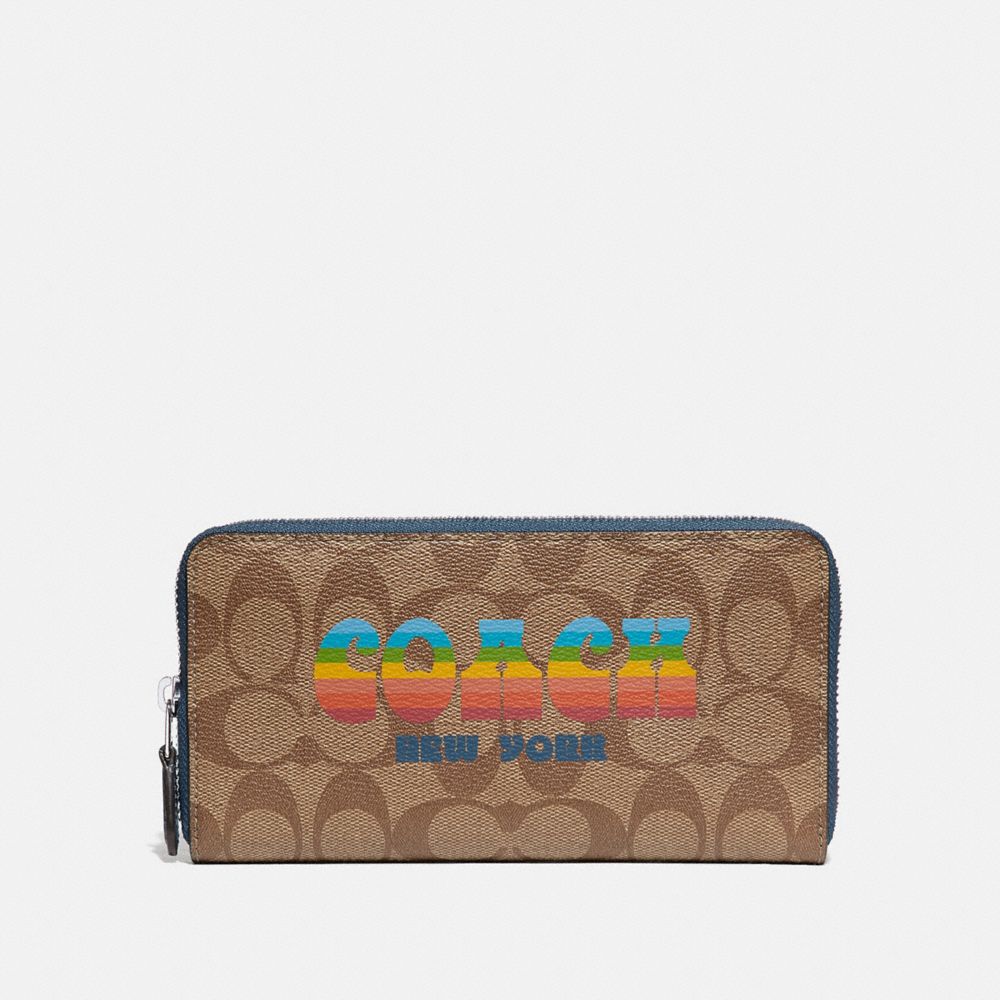 COACH F73510 - ACCORDION ZIP WALLET IN SIGNATURE CANVAS WITH RAINBOW COACH ANIMATION KHAKI/MULTI/SILVER